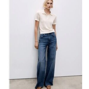 Mango Women's Stretch High-Waisted Wide Leg Jeans Dark Blue Wash Size 6 EUC